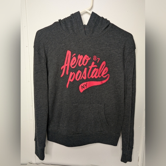 Aeropostale Women's Charcoal Black & Pink Hoodie Sz XS Pullover V-2 - Picture 1 of 9